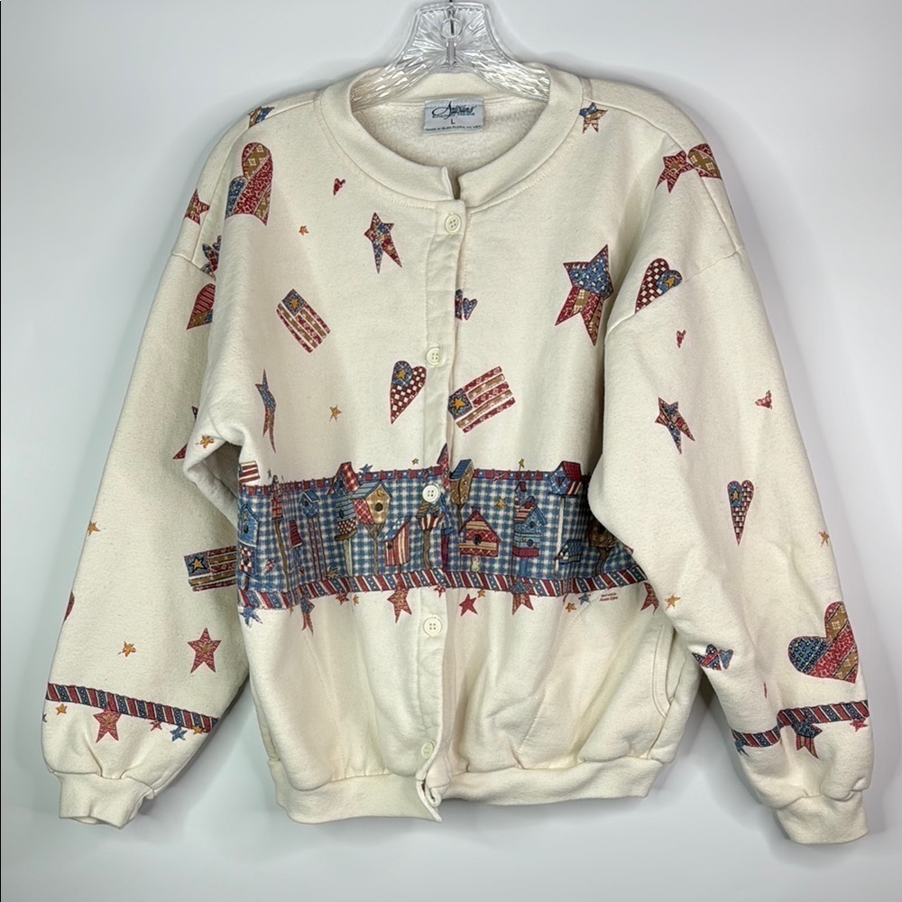 Vintage Artisans Patriotic Flag Hearts Button Up Sweatshirt Size Large